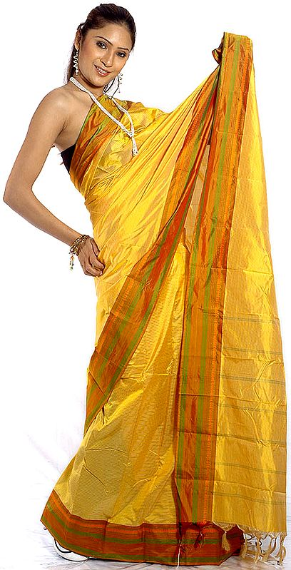 Yellow Hand-woven Puja Sari from Bengal with Pin Stripes and Paisley Border