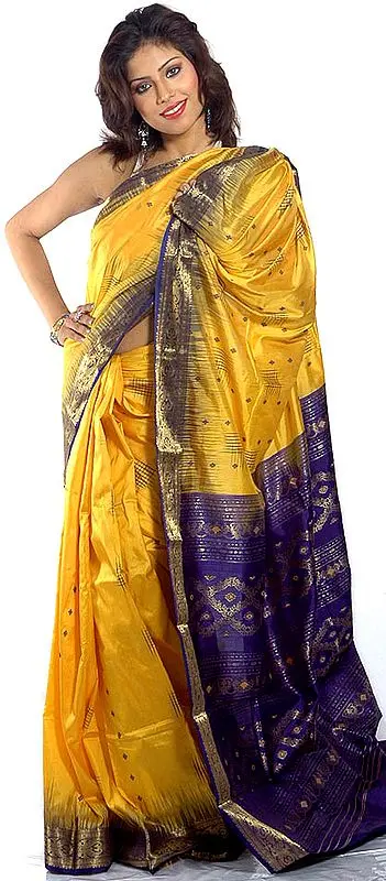 Yellow Kanjivaram Sari with Golden Zari Weave and Anchal and Border