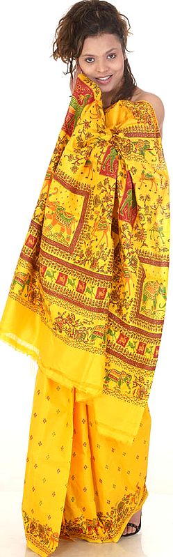 Yellow Sari from Kolkata with Block-Printed Elephants and Flowers