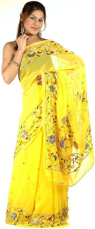 Yellow Sari with Heavily Sequined Floral Embroidery