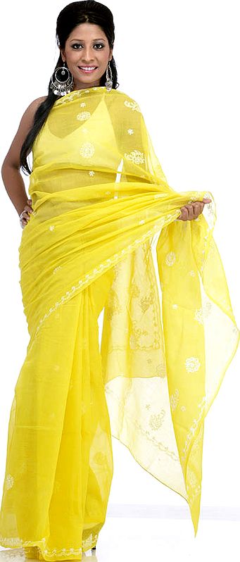 Yellow Sari with Lukhnavi Chikan Embroidery