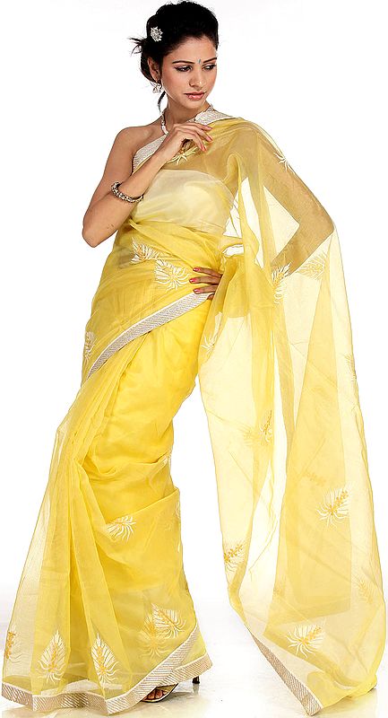Yellow Suryani Sari from Mysore with Crewel Embroidered Motifs
