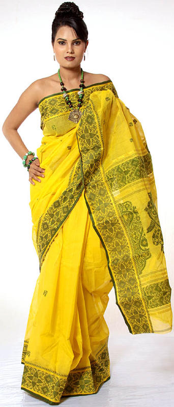 Yellow Tengail Sari from Kolkata with Woven Bootis