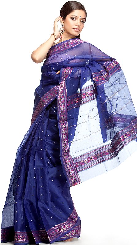 Blue Chanderi Sari with Golden Bootis and Brocaded Border