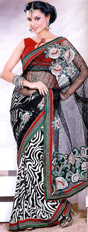 Zebra Printed Saree with Metallic Thread Embroidery and Patch Border