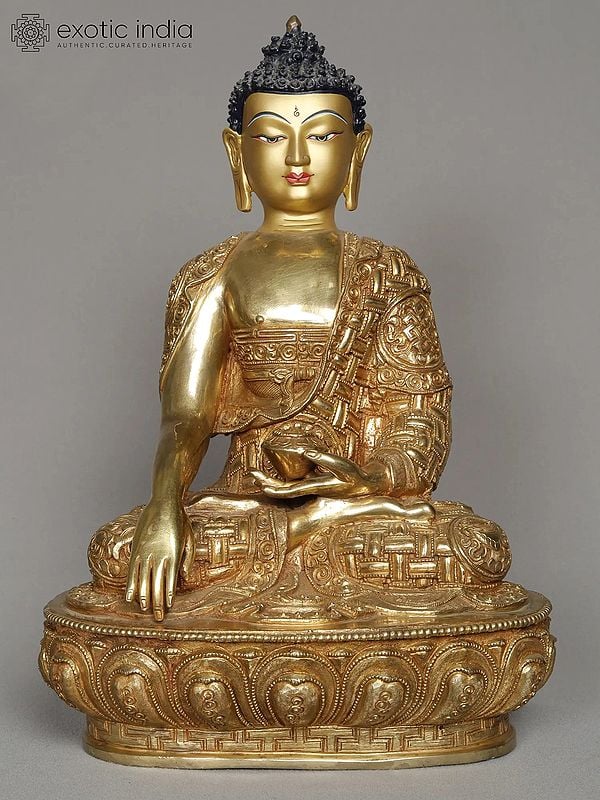 12" Lord Bhumisparsha Buddha Statue from Nepal | Copper Idol With Gold