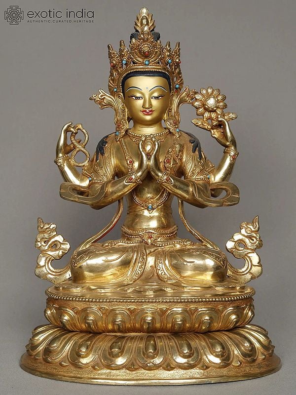 11" Chenrezig Idol from Nepal | Copper Statue with Gold Gilded