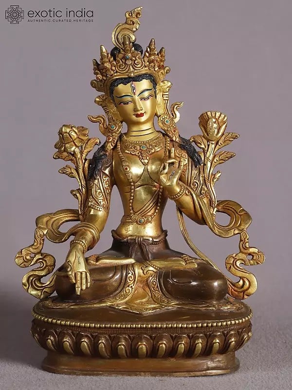 9" Goddess White Tara Idol from Nepal | Copper Statue with Gold Gilded