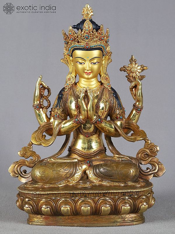 14" Kharchari Copper Idol from Nepal | Chenrezig Copper Statue