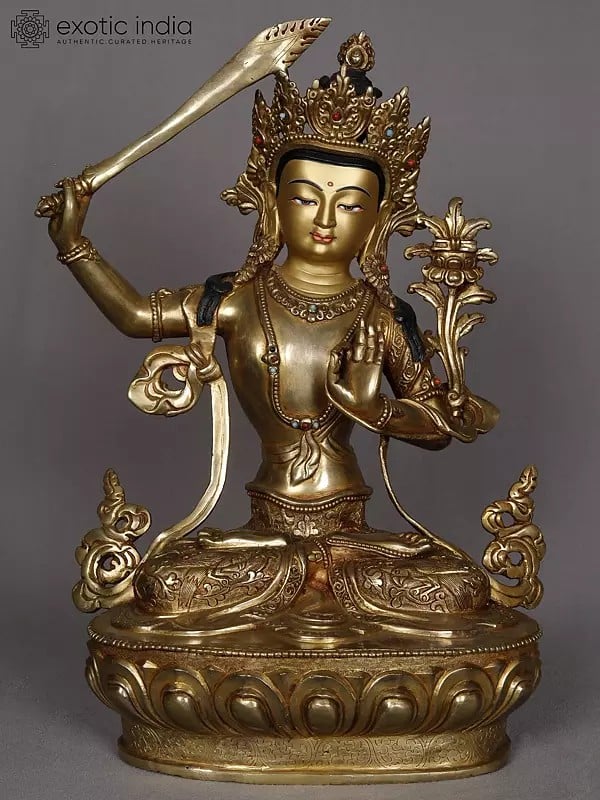 14" Buddhist Deity Manjushri Copper Statue from Nepal | Authentic Nepalese Sculpture