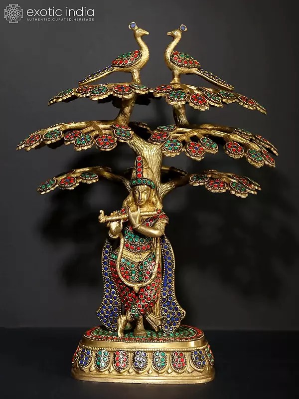 15" Bhagawan Shri Krishna Playing Flute Under The Kadamba Tree | Brass Statue with Inlay Work