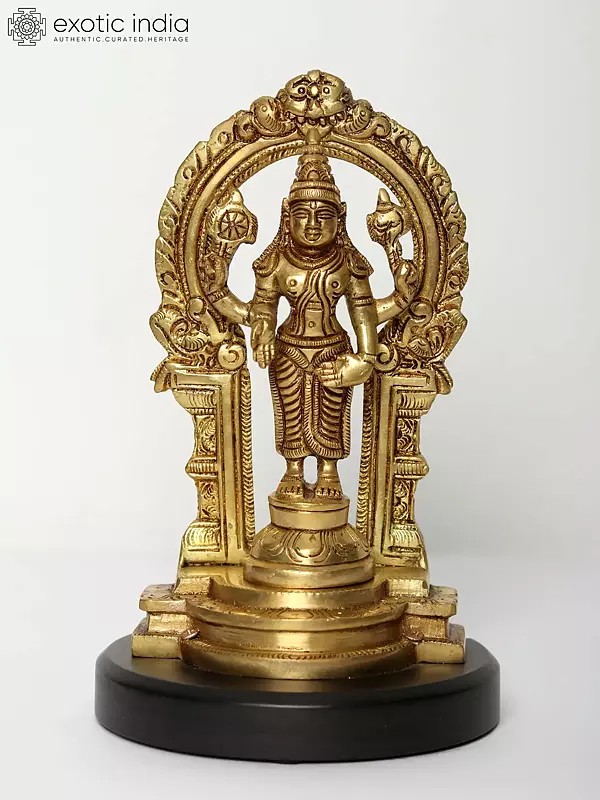 7" Brass Standing Lord Vishnu Idol on Wooden Base with Kirtimukha Arch