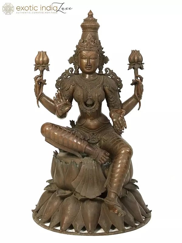 48" Superfine Goddess Lakshmi Idol Seated on Lotus | Bronze Sculpture