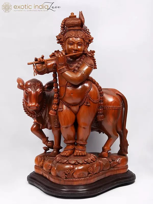 55" Masterpiece Venugopala (Lord Krishna Playing Flute) Teakwood Statue