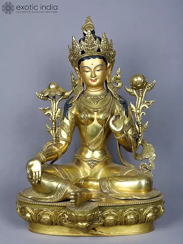 18" Tibetan Buddhist Goddess Green Tara | Copper Statue Gilded with Gold | From Nepal