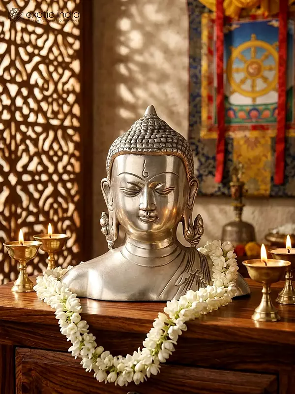 6" Gautama Buddha Bust | Silver Plated Brass Statue