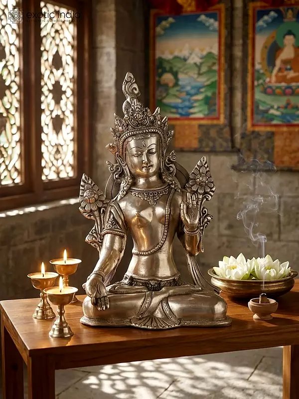 11" Goddess White Tara | Silver Plated Brass Statue