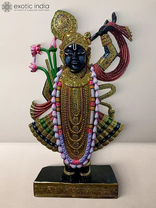 24" Standing Lord Shrinathji In Black Marble | Hand Carved Statue For Temple