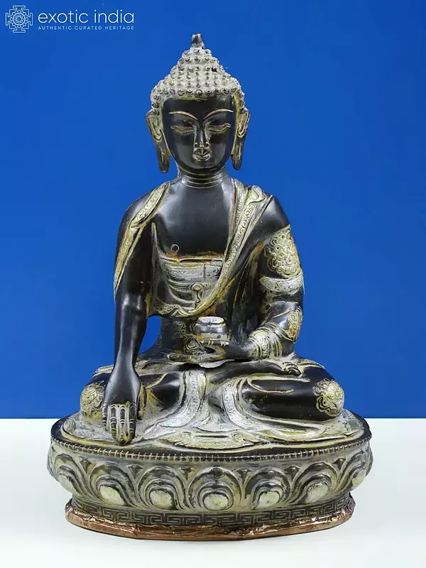 12" Buddha in the Bhumisparsha Mudra with Ashtamangala Carved on His Robe In Brass | Handmade