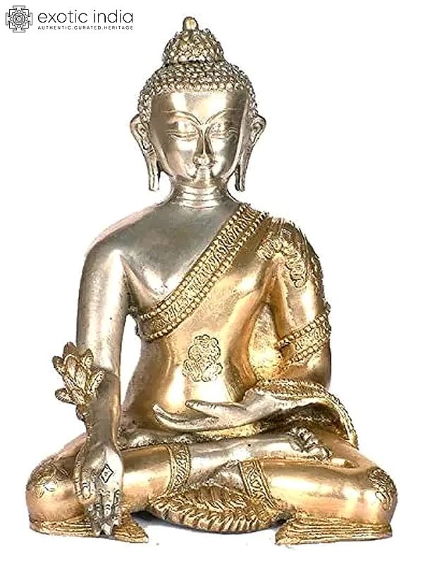 10" Tibetan Buddhist Deity- The Cosmic Doctor Bhaishajyaguru (Medicine Buddha) In Brass | Handmade | Made In India