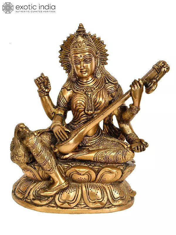 9" Goddess Saraswati Seated on Lotus with Swan Brass Sculpture | Handmade | Made in India