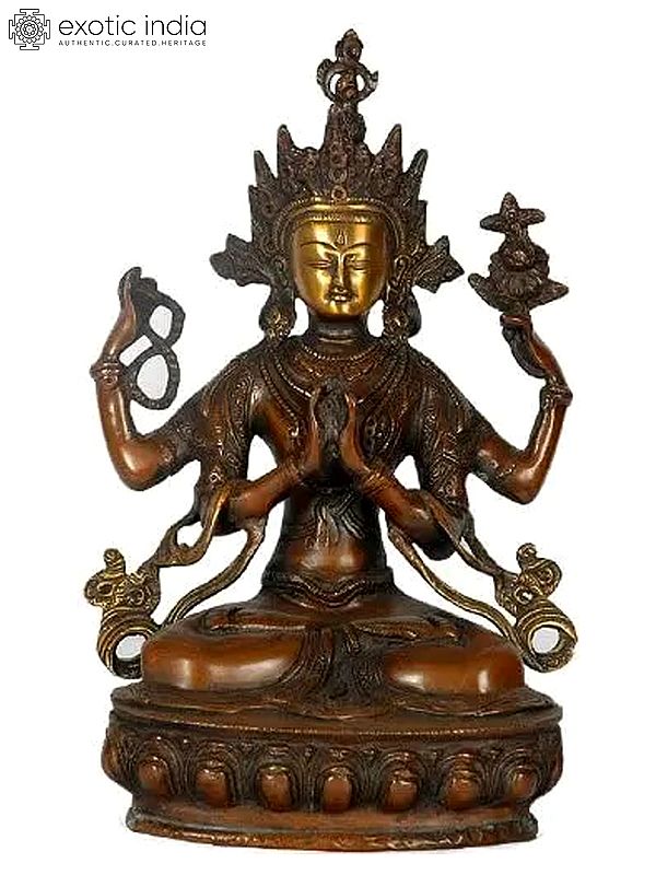 13" Tibetan Buddhist Deity Chenrezig (Shadakshari Lokeshvara) In Brass | Handmade | Made In India