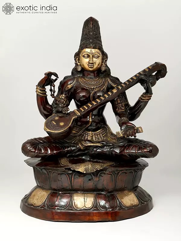 34" Large Size Kamalasana Saraswati Seated on Lotus | Handcrafted Brass Statue