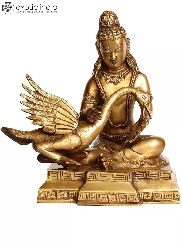 9" Lord Buddha and Swan in Brass | Handmade | Made in India