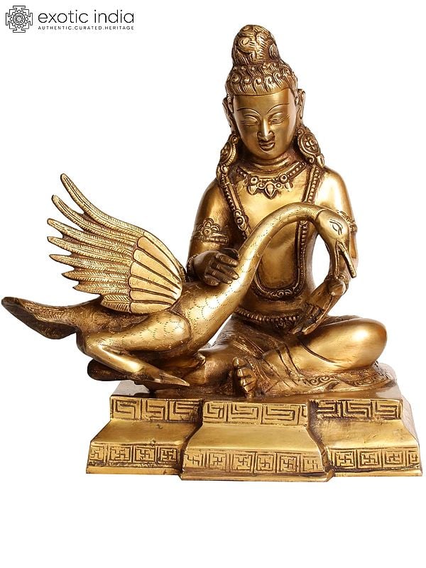 9" Lord Buddha and Swan in Brass | Handmade | Made in India