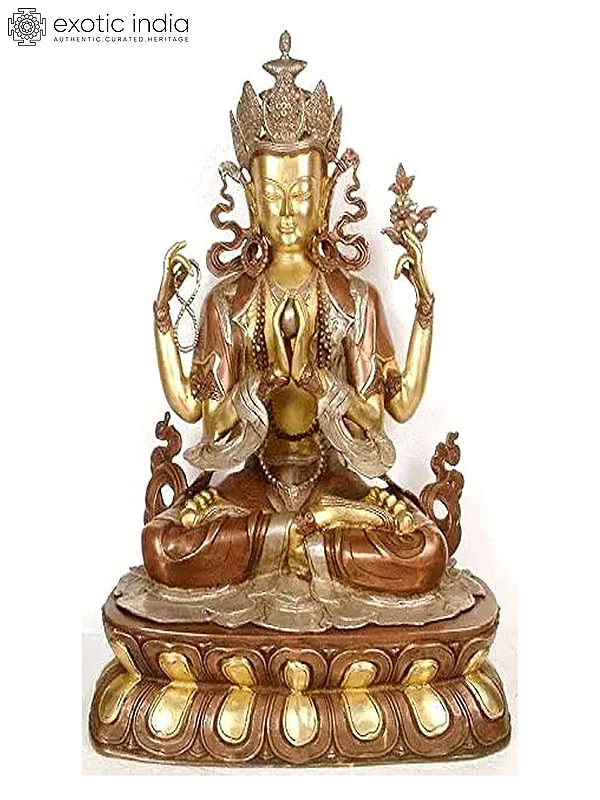 28" Tibetan Buddhist Deity- The Four-Armed Avalokiteshvara (Chenrezig) In Brass | Handmade | Made In India