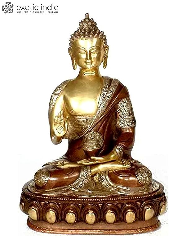 13" The Blessing Buddha with Ashtamangala Carved on His Robe In Brass | Handmade | Made In India