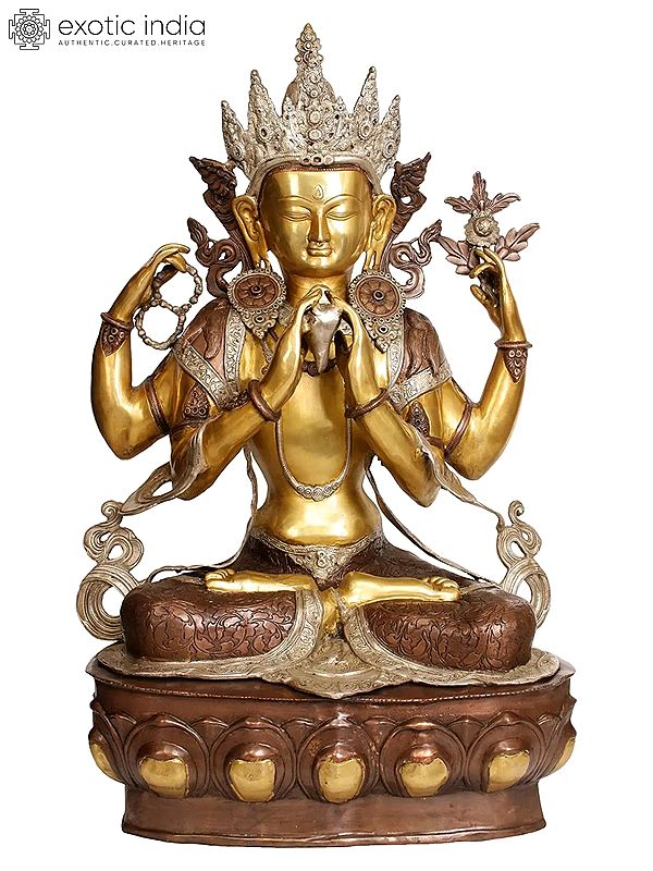 38" Large Size Chenresig The Four-Armed Avalokiteshvara (Tibetan Buddhist Deity) In Brass | Handmade | Made In India