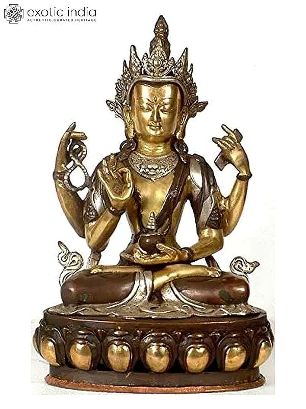 16" Four Armed Avalokiteshvara (Tibetan Buddhist Deity) In Brass | Handmade | Made In India