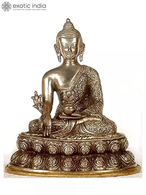 11" Tibetan Buddhist Deity- Medicine Buddha with Wide Lotus Base (Robes Decorated with Scenes from the Life of Buddha) In Brass | Handmade | Made In India