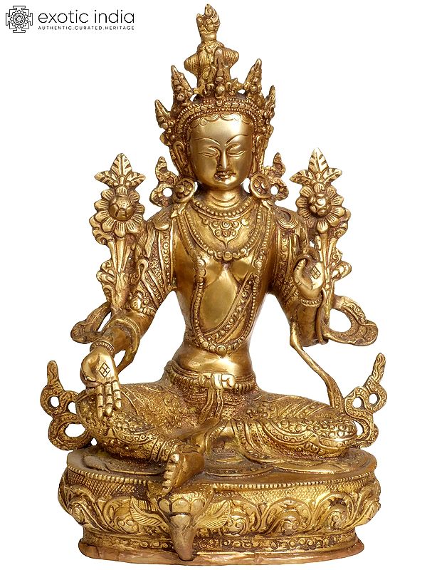 12" Green Tara Brass Statue | Handmade Tibetan Buddhist Deity Idol