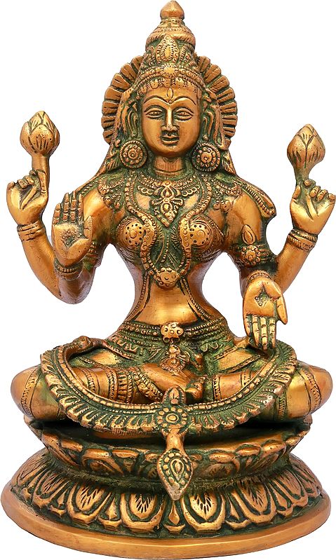 9" Four-Armed Lakshmi Brass Statue in Abhaya-Mudra | Handmade Hindu Goddess Figurine
