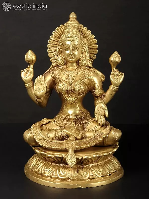 9" Four-Armed Lakshmi Brass Statue in Abhaya-Mudra | Handmade Hindu Goddess Figurine