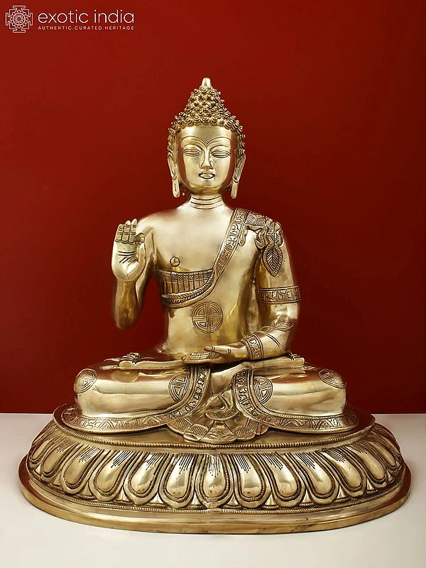 21" Blessing Buddha Seated on Lotus Throne with Sacred Symbols on His Robe In Brass | Handmade | Made In India