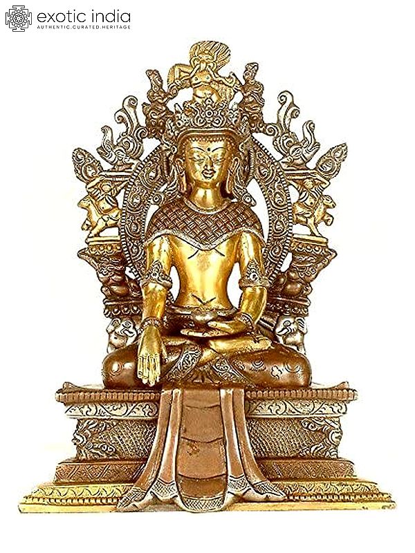 11" Crowned Buddha Seated on Six-Ornament throne of Enlightenment In Brass | Handmade | Made In India