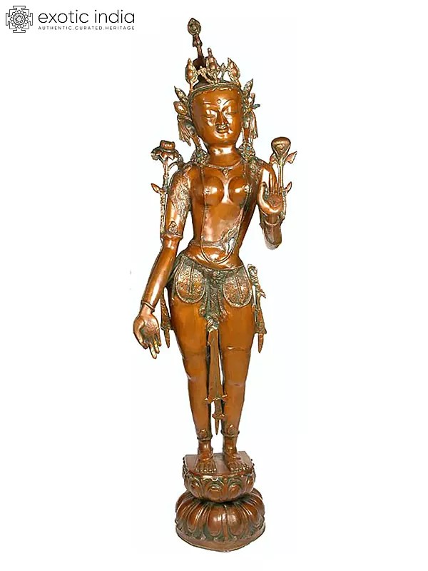 51" Standing Devi Tara Brass Statue | Handmade Buddhist Deity Figurine