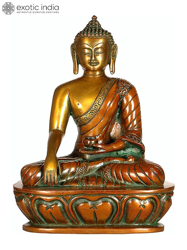 10" Bhumisparsha Buddha with His Robe with Smooth Folds Covering Only One Shoulder In Brass | Handmade | Made In India