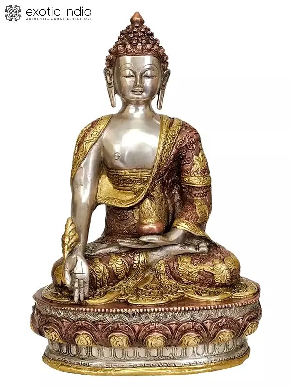 13" Tibetan Buddhist Deity- Medicine Buddha (Robes Decorated with Scenes from the Life of Buddha) In Brass | Handmade | Made In India