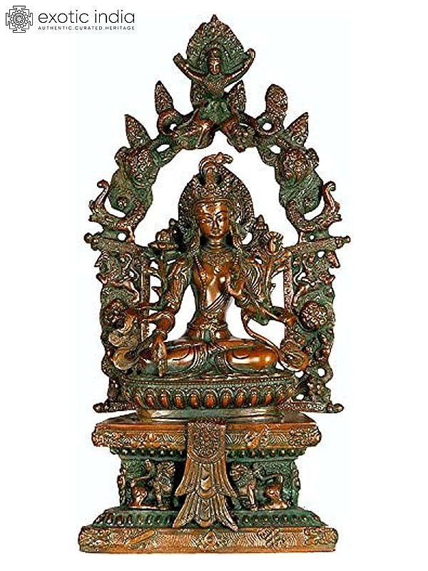 15" Tibetan Buddhist Goddess Green Tara on the Six-Ornament Throne of Enlightenment In Brass | Handmade