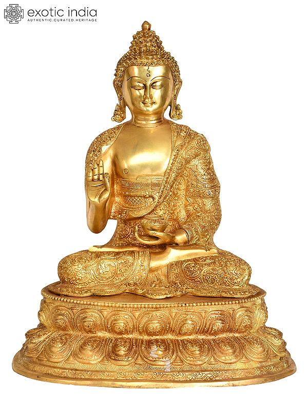 16" Preaching Buddha Seated On Double Lotus Pedestal with Superfine Carved Robe -Tibetan Buddhist In Brass | Handmade | Made In India