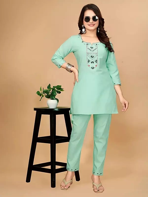 Cotton Handwork Solid Round Neck Co-Ord Set