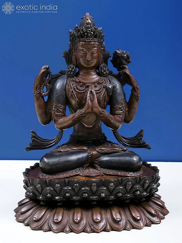 8" Four Armed Chenrezig Statue Seated on Superfine Pedestal