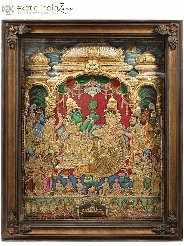 Superfine Goddess Sita Kalyanam | Embossed Tanjore Painting | With Vintage Teakwood Frame