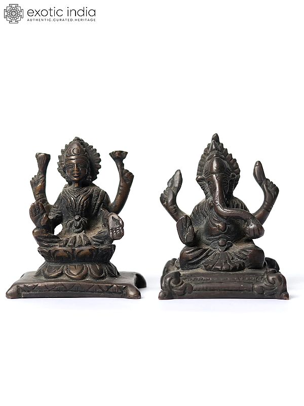 3" Small Blessing Lakshmi Ganesha Brass Statue