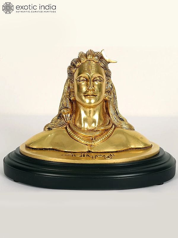 8" Brass Adiyogi Shiva Bust on Wood Base