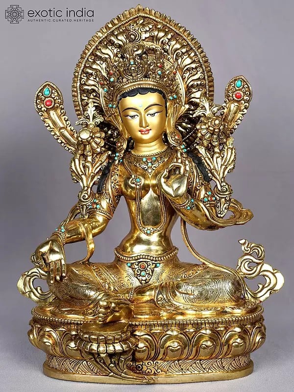 14" Tibetan Buddhist Goddess Green Tara Copper Statue from Nepal